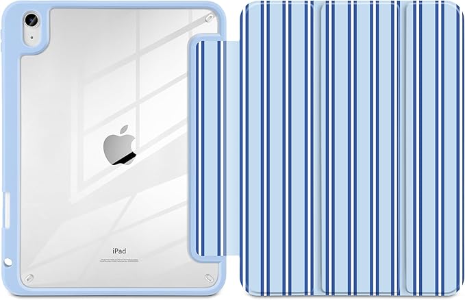 Case for iPad A16 11th Generation 11 inch 2025 iPad 10th Generation 10.9 inch 2022 -[Built-in Pencil Holder] Shockproof Clear Hard Back Trifold Stand Auto Wake/Sleep Blue Stripes