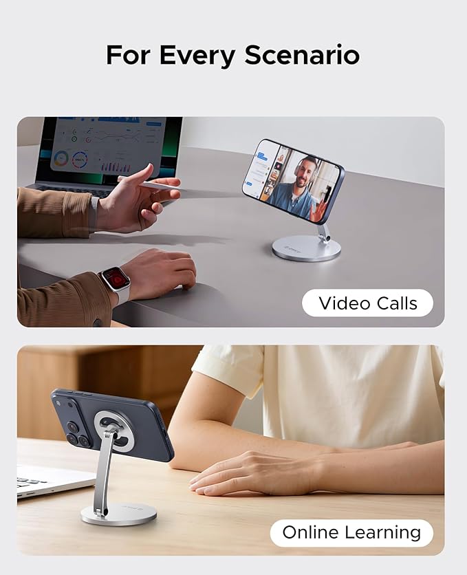 ORICO Magnetic Phone Stand for Magsafe Adjustable Foldable Aluminum Alloy Stand for iPhone 17/16/15/14/13/12 Pro Max Air/Magsafe Case Phone Holder for Desk Streaming &amp Video Calls - PS1 Sliver