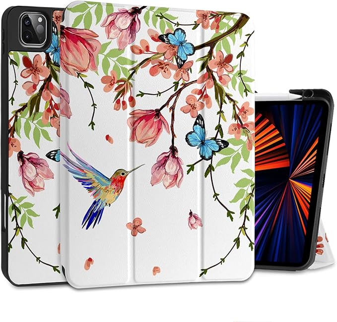MEEgoodo for iPad Pro M2 12.9 Case 6th/5th/4th/3rd Generation 2022 2021 2020 2018 with Pencil Holder Tablet Cover with Soft TPU Back Shell Birds &amp Flowers