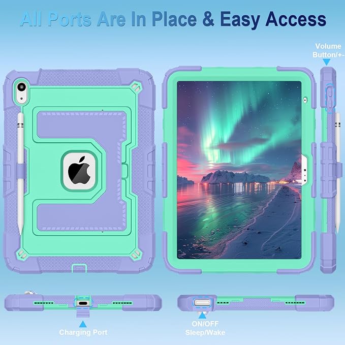 WESOROL Case for iPad A16 11th/10th Generation 2025/2022 with Pencil Holder Shoulder Strap iPad Case 10th Generation Shockproof Cover for iPad 11th/10th Gen CasesPurple Green
