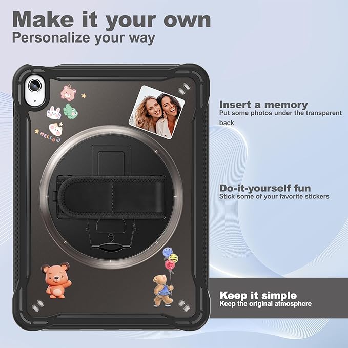 Case for iPad (A16) 11th/10th Generation 2025/2022 11/10.9 inch Rugged Shockproof Protective Cover with Screen Protector 360° Rotating Hand Strap&ampStand Pencil Holder Black