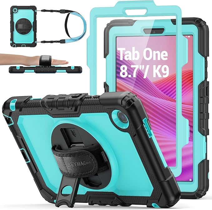 SEYMAC stock Tablet Case for Lenovo Tab One (TB305FU) 8.7 inch Drop-Proof Protection Cover with 360° Rotate Stand &amp Strap [Pen Holder] &amp Screen Protector/K9 2025 SkyBlue+Black