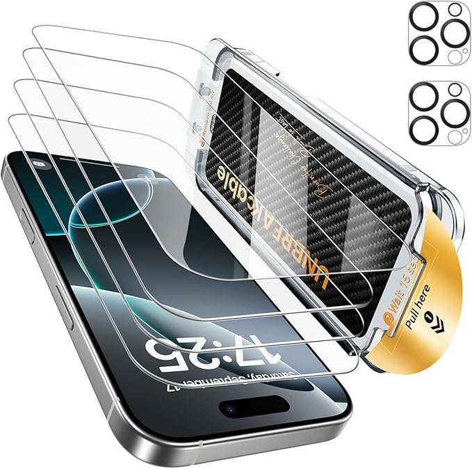 UNBREAKcable for iPhone 16 Pro Screen Protector 4+2 Pack [9H+ Military-Grade Shatterproof] [Effortless Bubble-Free Installation] Ultra HD Clarity Tempered Glass with Lens Protector Case friendly