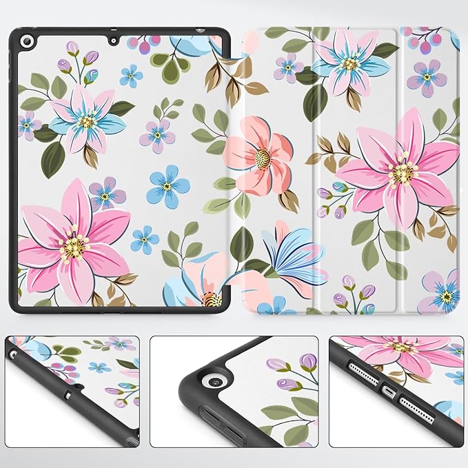 Tuiklol Case for iPad 10.2 Inch 2021 2020 2018 Release 9th / 8th / 7th Generation Built-in Pencil Holder TPU Protective Stand Back Cover Trifold Stand-Auto Wake/Sleep Tones Flowers