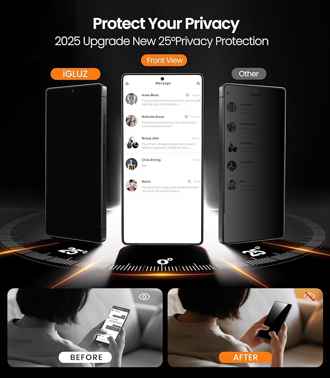 iGluz Privacy PET Screen Protector for Samsung Galaxy S25 Ultra 6.9 (4 Pack)Ultra-Thin Flexible Film with 0.02s Sensitive Fingerprint UnlockEasy-Install Alignment TrayCase-Friendly &amp Shatter-P