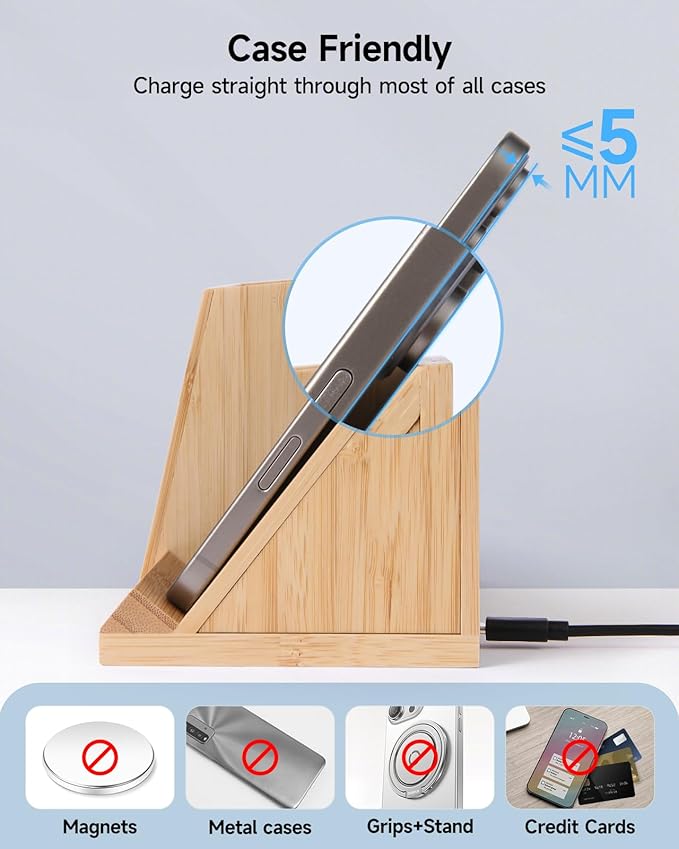 Bamboo Pen Holder for Desk &amp Nightstand Organizer with Fast Wireless Charging for iPhone Samsung &amp More – Office Desk Accessories for Men/Women (Bamboo)