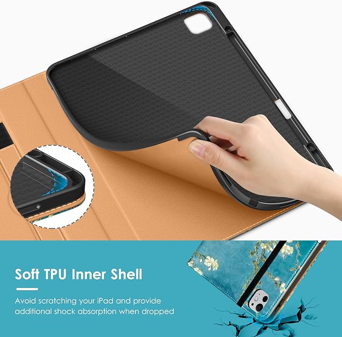 VIKESI Case for iPad Pro 13-inch M5 or M4 Released in 2025 or 2024 Leather Stand Cover with Apple Pencil Holder Auto Wake/Sleep Multiple Viewing Angles Built in Hand Strap &amp PocketBlossom