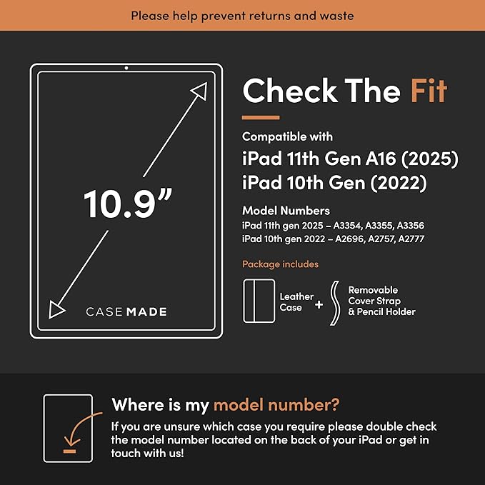Casemade Real Leather Case Compatible with iPad 11th Gen A16 2025 / 10th Gen (2022) - Full-Grain Leather Cover Auto Sleep/Wake Dual Stand Position (Black)