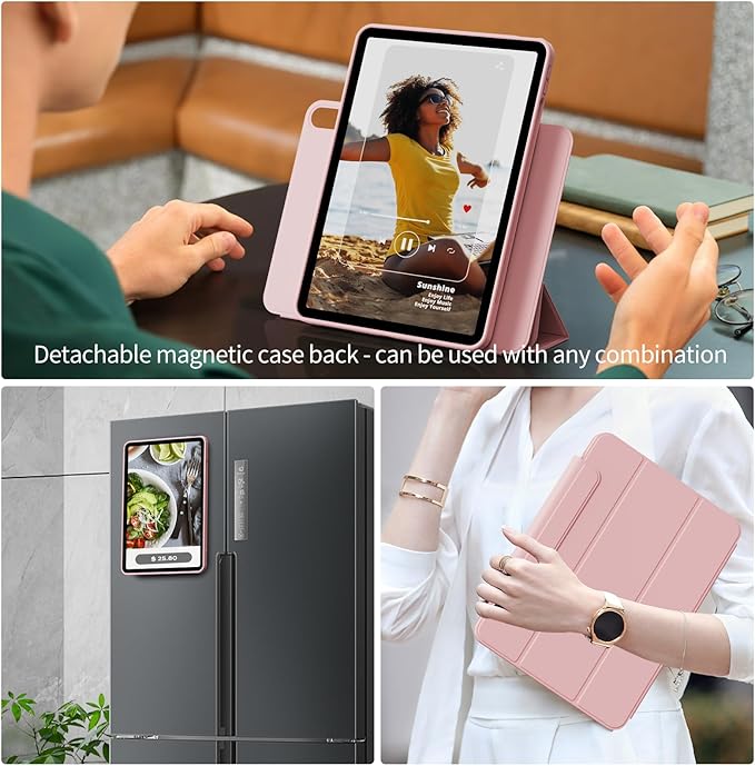 KENKE Magnetic Case for iPad A16 11th/10th Generation (11/10.9 Inch 2025/2022) with Pencil Holder Magnetic Detachable Hybrid Stand Clear Hard PC Back Shell Portrait/Landscape Angle Pink