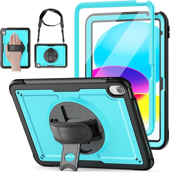 Case for iPad (A16) 11th/10th Generation 11''/10.9'' 2025/2022: Shockproof Protective Case with Hand/Shoulder Strap Pencil Holder Rotate Stand Screen Protector Sky Blue