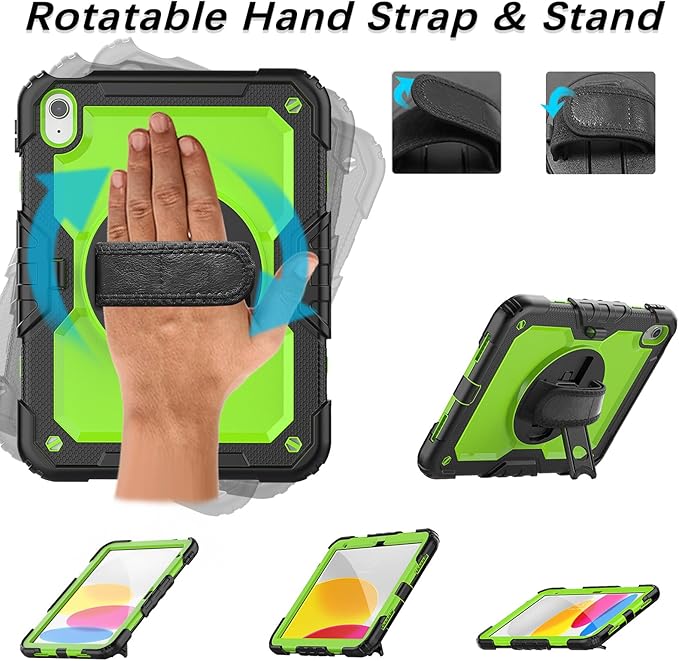 Weuiean Case for iPad A16 11th/10th Generation 11/10.9 Military-Grade Heavy-Duty Shockproof Cover with 360° Rotating Stand Built-in Pencil Holder &amp Adjustable Hand/Shoulder Strap - Green+Black
