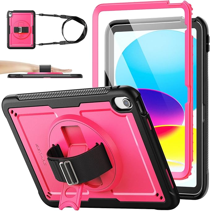 SEYMAC stock Case for iPad A16 11-inch Case 2025/ for iPad 11th/ 10th Generation 10.9'' 2022 Protective with Screen Protector Pen Holder Rotate Stand Loop Nylon Hand Strap Shoulder Strap Rose