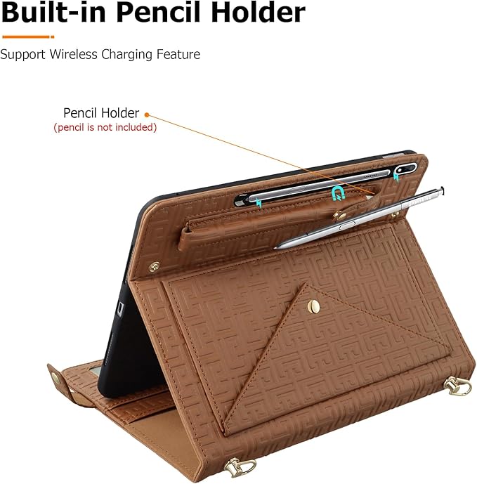 Dteck Galaxy Tab S10/S9/S8 14.6-inch Brown PU Leather Case with S Pen Holder Folio Stand Crossbody Shoulder Strap Card Pocket Magnetic Envelope