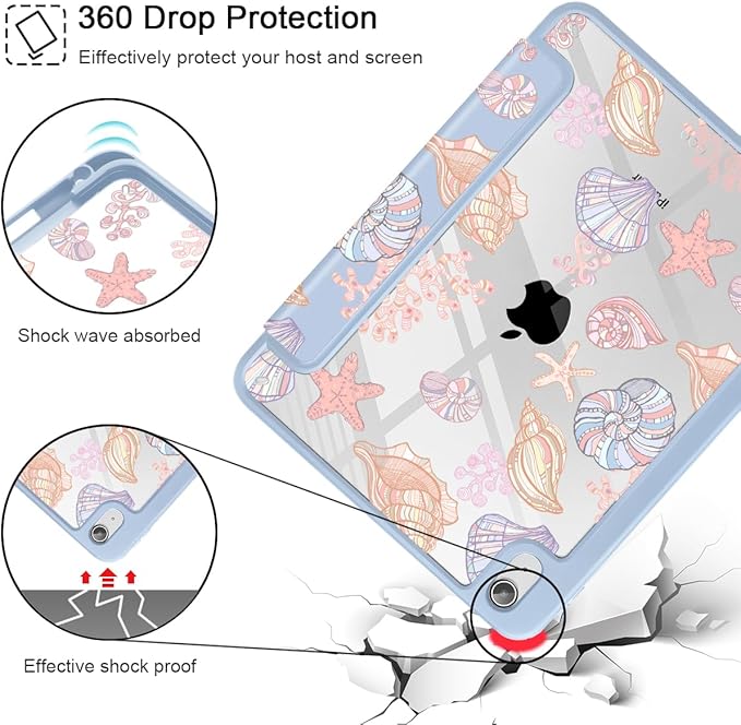 May Chen for iPad Air 11-inch M4/M3/M2 (2026/2025/2024) iPad Air 5th/4th 10.9 Inch - Shockproof Cover with Clear Back Shell &amp Penceil Holder Auto Wake/Sleep Stand Cover Seashells