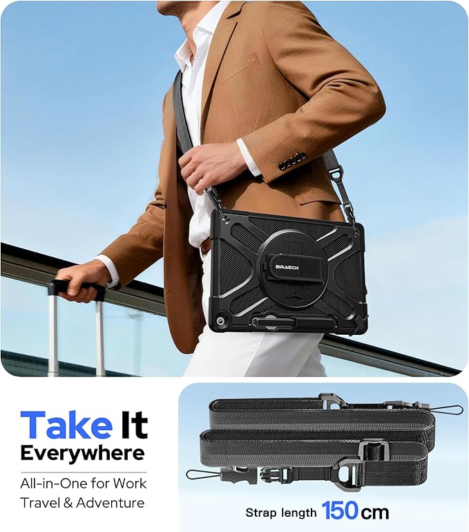 BRAECNstock Case for Microsoft Surface Pro 12 inch 1st Edition 2025 Rugged Protective with Rotating Hand Strap &amp Stand Shoulder Strap Pencil Holder Compatible with Type Cover Keyboard Black