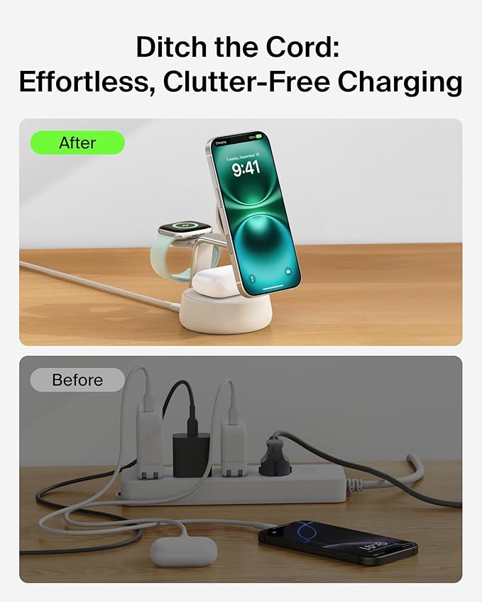Belkin MagSafe Charger Compatible 3-in-1 Charging Station Qi2.2 25W w/Cooling Fan (On/Off Control) Magnetic Wireless Charger for iPhone 17 Apple Watch AirPods Pixel 10 (45W Adapter Included)