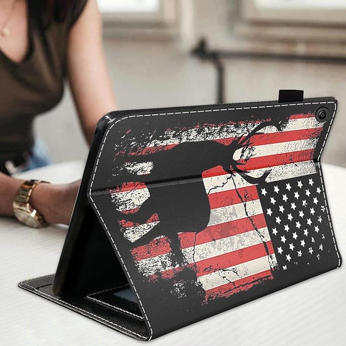 Case for Amazon Kindle Fire HD 10 Tablet 10.1 (9th/7th Generation 2019/2017 Release) Premium PU Leather Stand Cover with Smart Auto Wake American Flag Deer