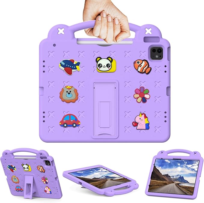 Kids Case for iPad Air 13 inch M3 2025/M2 2024iPad Pro 13 inch M4 2024 &amp iPad Pro 12.9 inch Case 6th/5th/4th/3rd Gen 2022 2021 2020 2018 with Stand/Pencil Holder/Handle Light Purple Bear