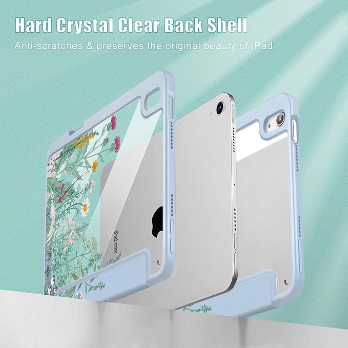 May Chen Slim Case for iPad mini 7 (A17 Pro 7th Generation) 2024 / iPad mini 6 (6th Gen) 8.3 Inch [Built-in Pencil Holder] Shockproof Cover Clear Clear Back Shell Auto Wake/Sleep Herbs Flowers