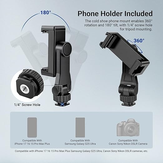 NEEWER Basics Camera Tripod 74 Tripod with Cell Phone Holder Mount Compatible with iPhone for Video Recording Professional Aluminum Lightweight Portable Travel Stand with 3 Way Pan Tilt Head TP56