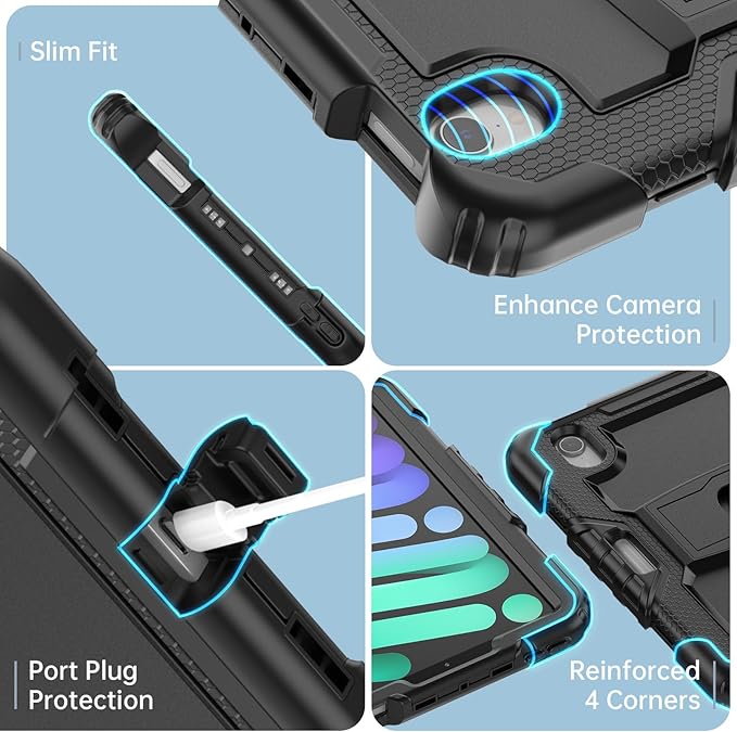Timecity Case for iPad mini 7/6-8.3 inch for iPad mini 7th/6th Generation Case: Full-Body Shockproof Protective with Built-in Screen Protector Foldable Kickstand Pencil Holder- Black
