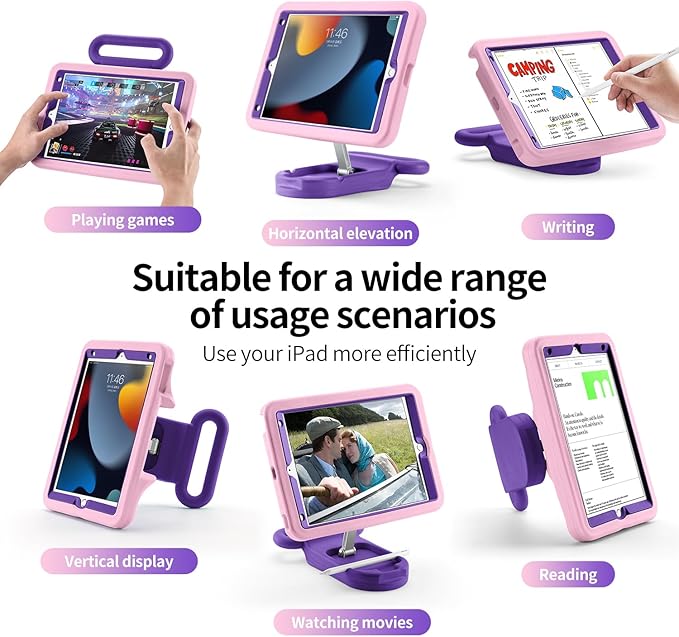 Kids Case for iPad 7th/8th/9th Gen 10.2 inchAdjustable Portrait/Landscape Stand//Drop Proof with Handle/KickstandChild Friendly Protective Cover for iPad 10.2 2021/2020/2019 (PinkPurple)