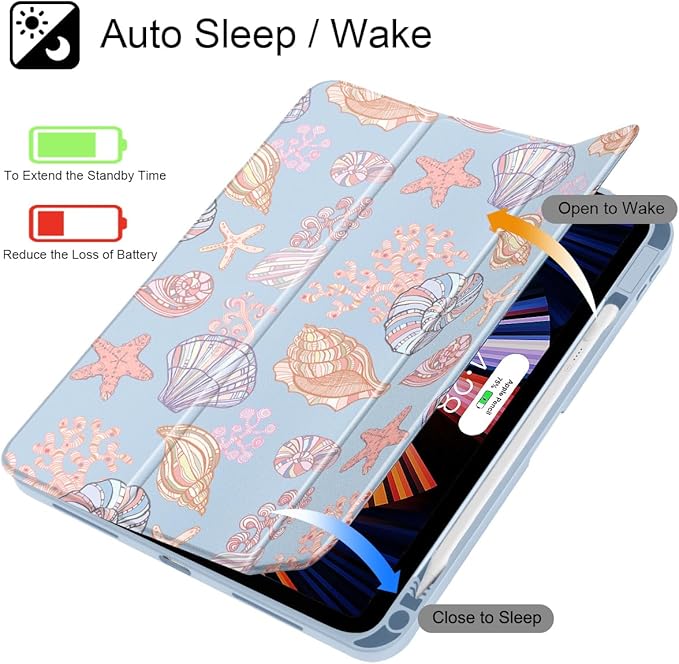May Chen for iPad Air 11-inch M4/M3/M2 (2026/2025/2024) iPad Air 5th/4th 10.9 Inch - Shockproof Cover with Clear Back Shell &amp Penceil Holder Auto Wake/Sleep Stand Cover Seashells