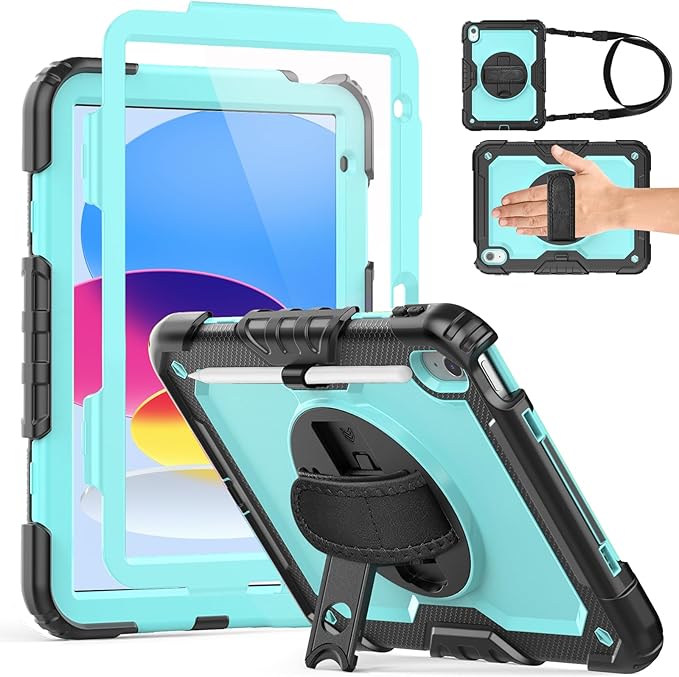 Weuiean Case for iPad A16 11th/10th Generation 11/10.9 Military-Grade Heavy-Duty Shockproof Cover with 360° Rotating Stand Built-in Pencil Holder &amp Adjustable Hand/Shoulder Strap - SkyBlue+Bla
