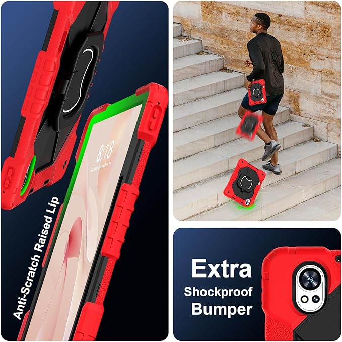 Shoulder Strap Tablet Case for Huawei MatePad Air (2025/2024) Heavy Duty Shockproof Protective Cover with Kickstand Handle Shoulder Strap for Kids Women Man Red Black