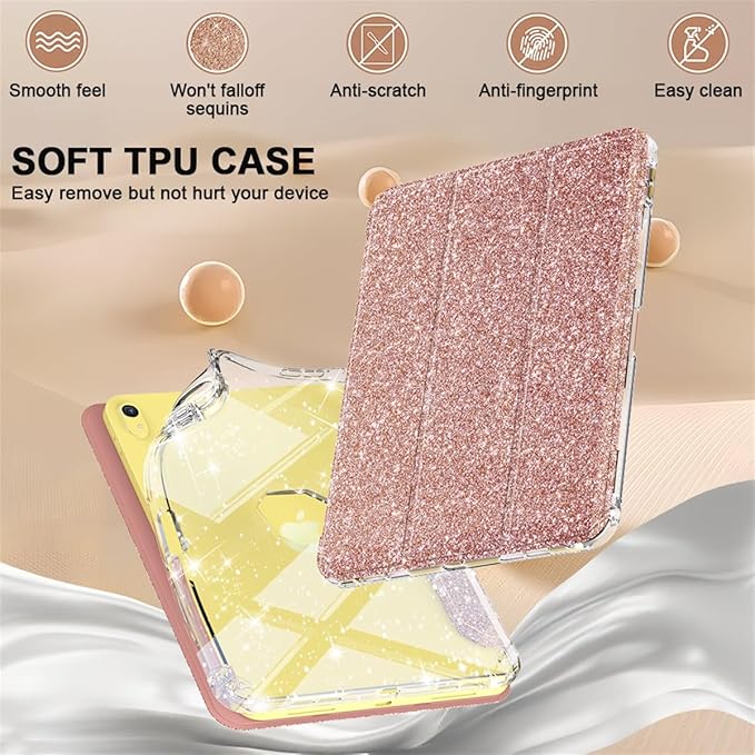 Case for iPad A16 11th Generation 11 inch 2025 &amp iPad 10th Generation 10.9 inch 2022 with Stand/Pencil Holder [Auto Wake/Sleep] Glitter Bling PU Leather &amp Clear Soft TPU Back Shell Rosegold