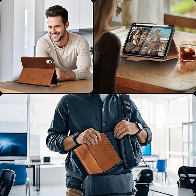 Gexmil Premium Leather Case for iPad mini 7 (A17 Pro) 2024 / iPad mini 6 Generation 2021 8.3 InchPencil Holder Magnetic ClosureShockproof Cowhide CoverAdjustable StandVegetable Tanned Brown