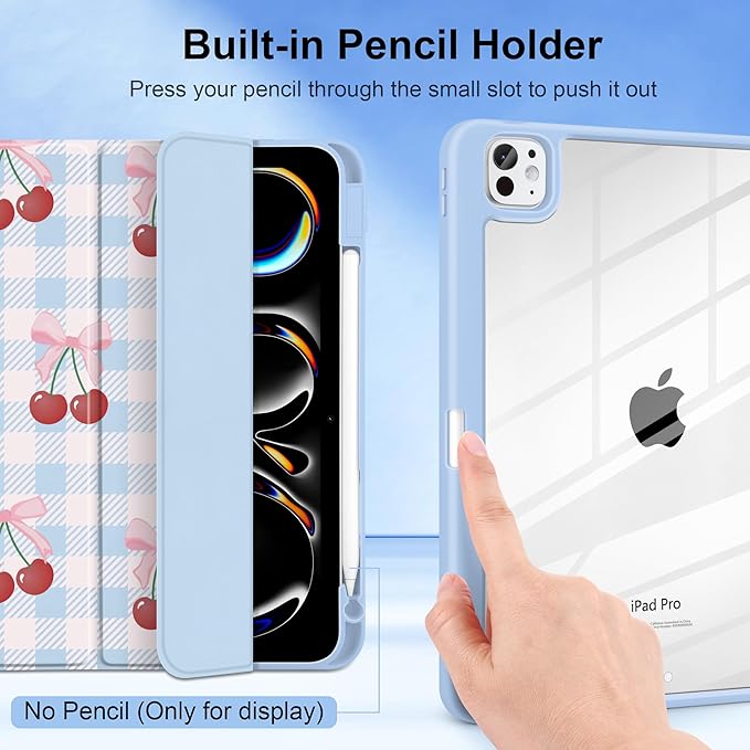 DONGKE for iPad Pro 11-Inch Case (M5 2025 / M4 2024) 6th/5th Generation [Auto Sleep/Wake &amp Pencil Pro Holder] Clear Acrylic Back Smart Trifold Stand Cover Blue Cherry