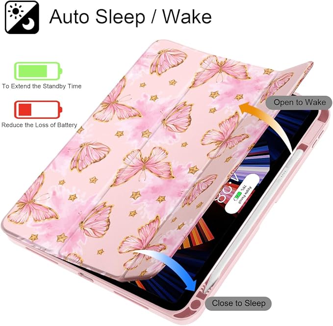 Tuiklol Case for iPad 11 inch (A16 Chip) 2025 Gen 11th / iPad 10.9 inch 2022 10th Gen Buit in Pencil Holder with Shockproof Cover Clear Transparent Back Shell Auto Wake/SleepPink Butterfly