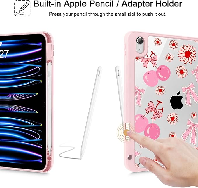 Case for iPad Air 11'' (M4 2026/M3 2025/M2 2024)/ iPad Air 10.9'' Air 5th /4th Gen Shockproof Cover with Clear Back Shell &amp Penceil Holder Auto Wake/Sleep Stand Cover Cherry Bow P705