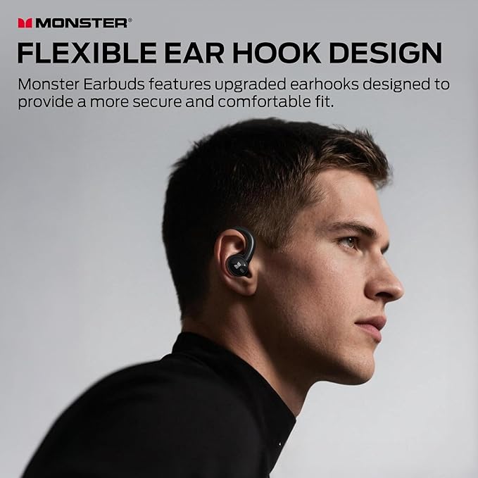 Monster N-Lite 216 Wireless Earbuds Sports Earbuds with Earhooks Noise Cancelling Headset Stereo Deep Bass Over Ear Buds 48H Playtime IPX6 Waterproof Earphones for Sports/Running/Workout（Black）