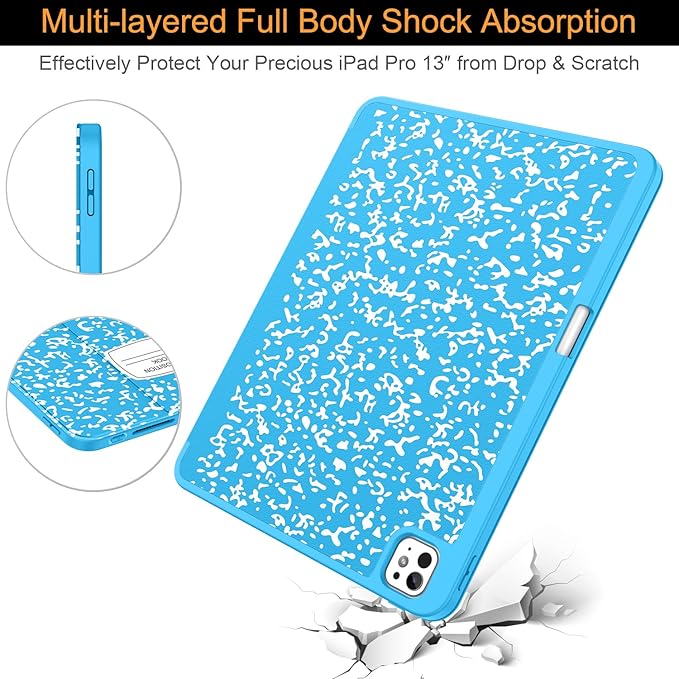 Soke Case for New iPad Pro 13 Inch (M5/M4 2025/2024 Release) with Pencil Holder Trifold Stand Shockproof [Support Apple Pencil Charging + Auto Wake/Sleep] Soft TPU Back Cover Book Blue