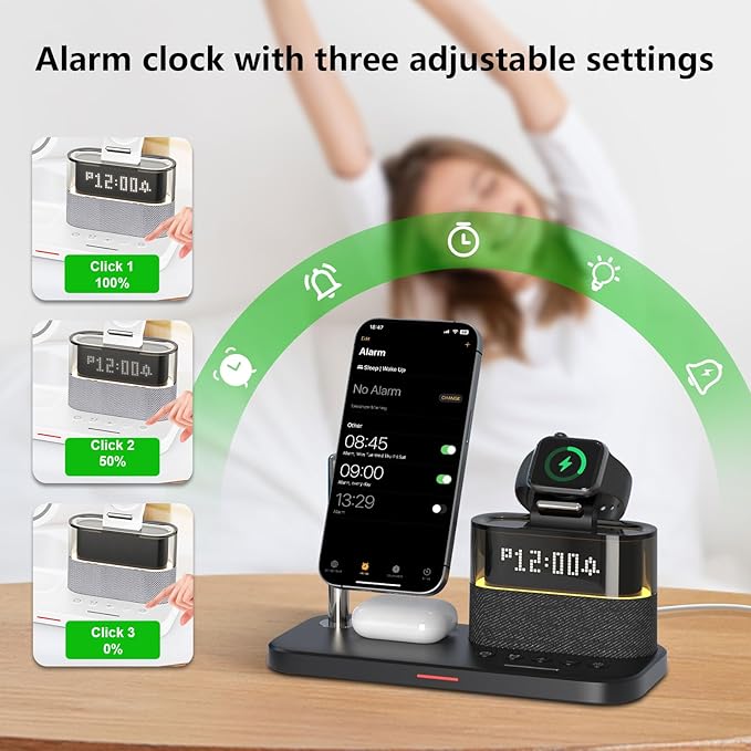 Charging Station with ClockMagnetic Wireless Charger for iPhone17 16 15 14 13 Pro Max Airpods Apple Watch Samsung PhoneBedside Docking Station with LightTech Gadgets Gifts for Men Women