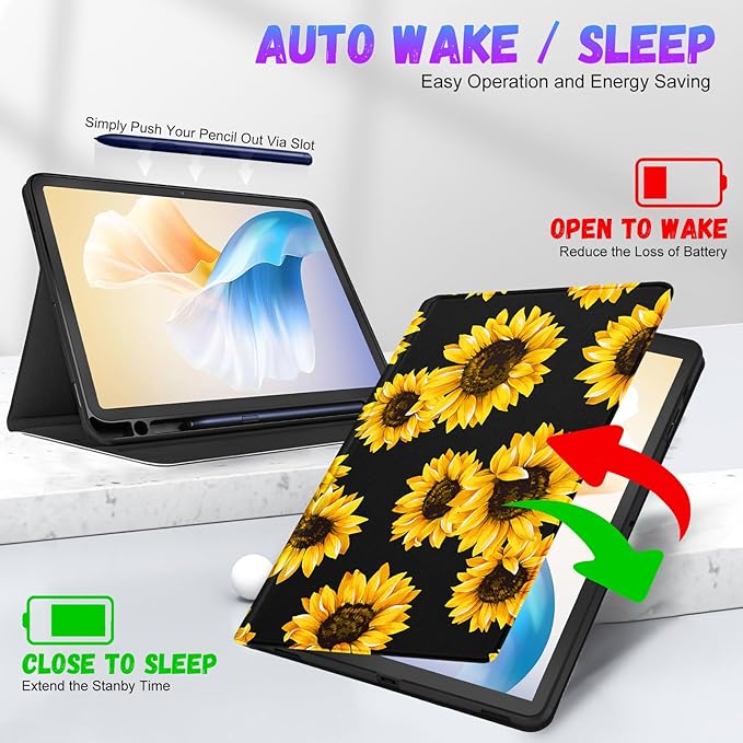 for Samsung Galaxy Tab S9 Plus Case 12.4 Inch 2023 Folio Cover with Pencil Holder Cute Pretty Design Girly Kawaii Black Sunflower Tablet Case