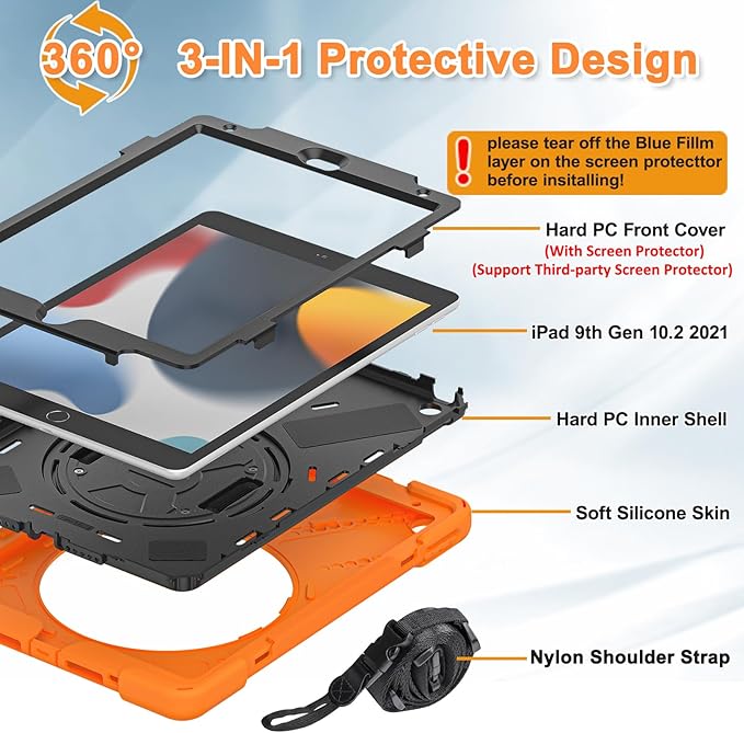 BRAECNstock for Apple iPad 9th/ 8th/ 7th Generation Case 10.2 2021/2020/2019 Shockproof Protective iPad 10.2 inch Kids Case with Screen Protector Rotating Stand+Hand Strap Shoulder Strap Orange