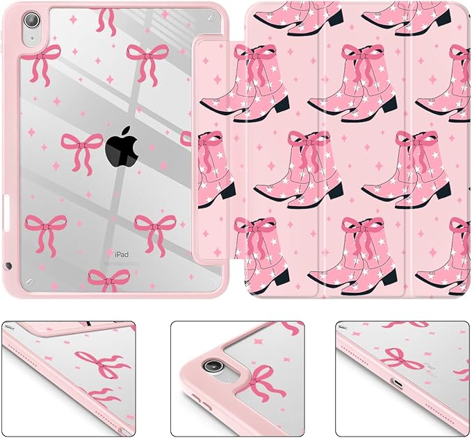 May Chen Case for iPad Air 13 Inch M4 2026 M3 2025 M2 2024 [Built-in Pencil Holder] Shockproof Cover with Clear Transparent Back Shell Auto Sleep/Wake Cover Pink Boots Bows