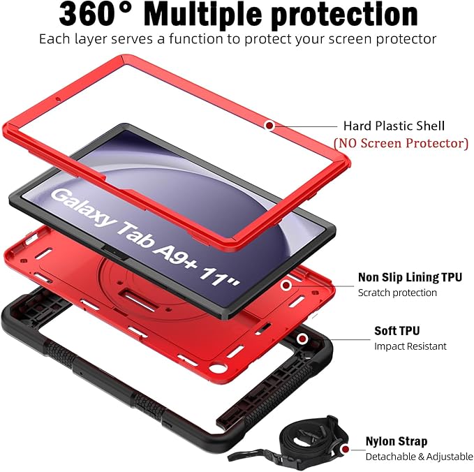 BMOUO for Samsung Galaxy Tab A9+ Plus Case 11 2023 (SM-X210/X216/X218) Shockproof Galaxy Tab A9 Plus Case with Rotating Stand and Hand/Shoulder Strap Red and Black