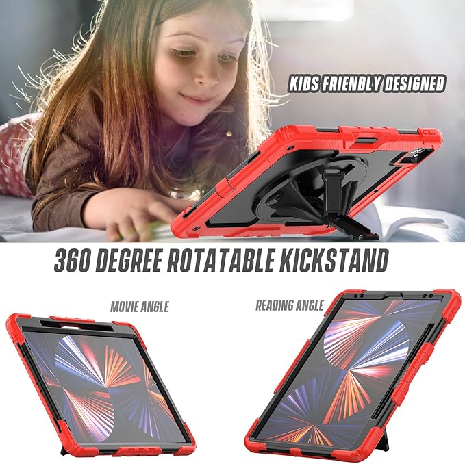 Herize Case Compatible with iPad Pro 12.9 Inch 2022/2021/2020 with Pencil Holder | Heavy Duty Shockproof Rubber Case with Stand Hand Grip Shoulder Strap Screen Protector | Red