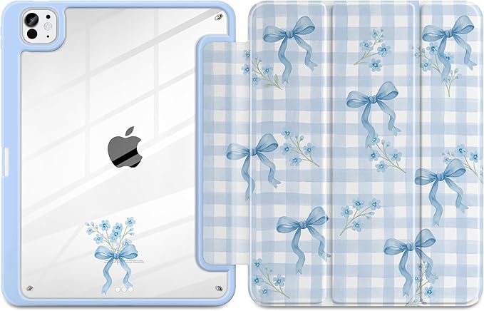 TWOLSKOO Case for iPad Pro 11-inch (M5 2025 / M4 2024) Clear Acrylic Back with TPU Bumper Pencil Holder Trifold Stand Auto Sleep/Wake Blue Gingham Bows