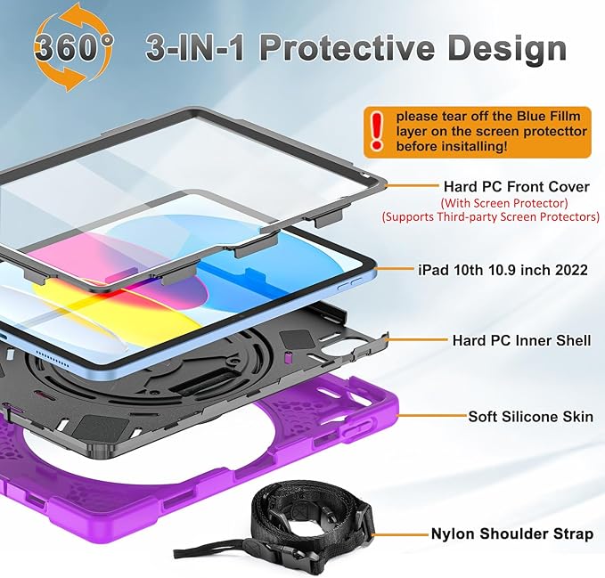 BRAECNstock for Apple iPad (A16) 11th/10th Generation 11/10.9'' 2025/2022 Shockproof Protective Case with Screen Protector Pencil Holder 360° Rotating Hand Strap&ampStand Shoulder Strap Purple