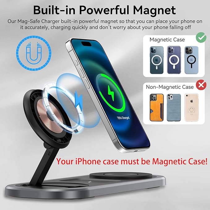 3 in 1 Fast Wireless Charger Stand for iPhone Foldable Travel Charging Station for Magsafe for iPhone 17/Air/16/15/14/13/12 Series Apple Watch Serie AirPods pro/2/3/4 2025 Christ mas Gifts (Black)