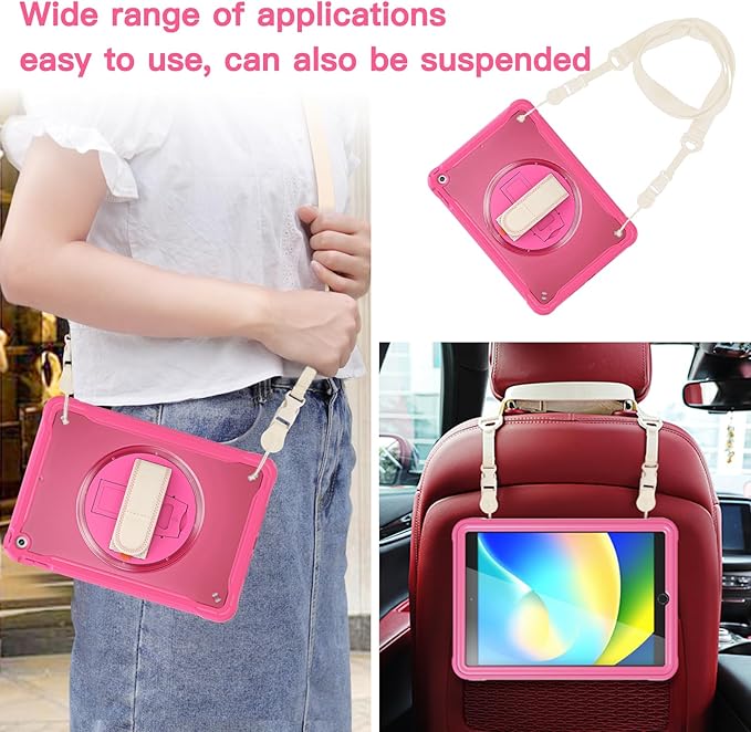 BRAECNstock for iPad 9th/ 8th/ 7th Generation Case 10.2 2021/2020/2019Shockproof Cover with 360° Rotating Hand Strap/StandScreen ProtectorCarrying Shoulder StrapPencil Holder(Rose Red)