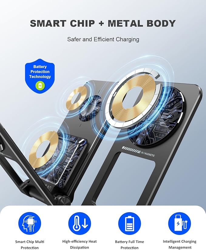 3 in 1 Magnetic Wireless ChargerFoldable Charging Station Built-in Retractable Cable15W Portable Wireless Charging Stand for iPhone 16 15 14 13 12Apple WatchAirPods (20W Adapter) (Black)