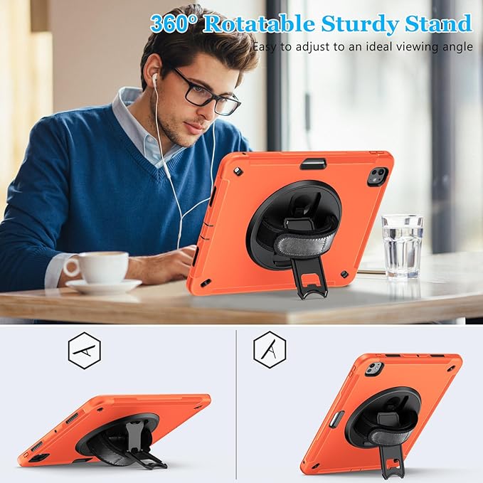 Case for iPad Pro 13 Inch M5 2025/ M4 2024: Military Grade Cover for iPad Pro 13 with Screen Protector - Stand - Handle - Shoulder Strap - Pencil Holder- Orange