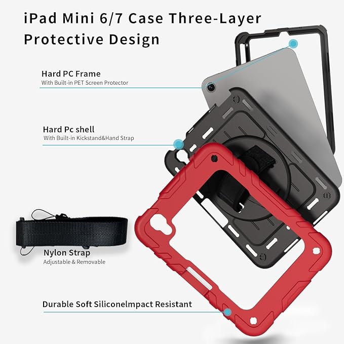 for iPad mini 7 A17 Pro/iPad mini 6 8.3 Inch Case iPad mini 7th/6th Generation Case (2024/2021) with Pencil Holder/Kickstand Hand Strap/Shoulder StrapRed+Black