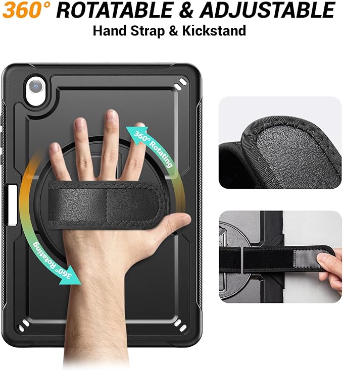 Case for Samsung Galaxy Tab S10 Lite / S10 FE / S9 FE 5G / S9 Tablet Case 10.9''/11'' Rugged Protective with Screen Protector Pen Holder 360°Rotate Hand Strap/Stand Shoulder Strap Black